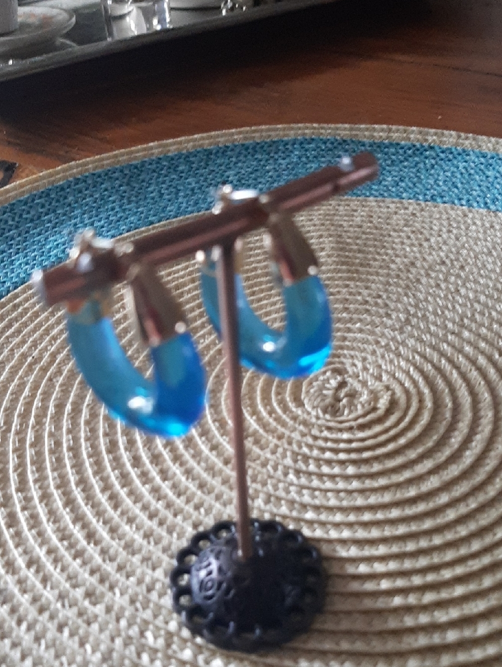 Gold-Tip Blue Resin Hoop Earrings